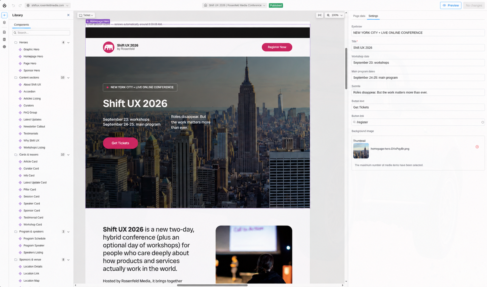 Drupal Canvas editor showing the Shift UX homepage preview, a component library on the left, and editable homepage hero settings on the right