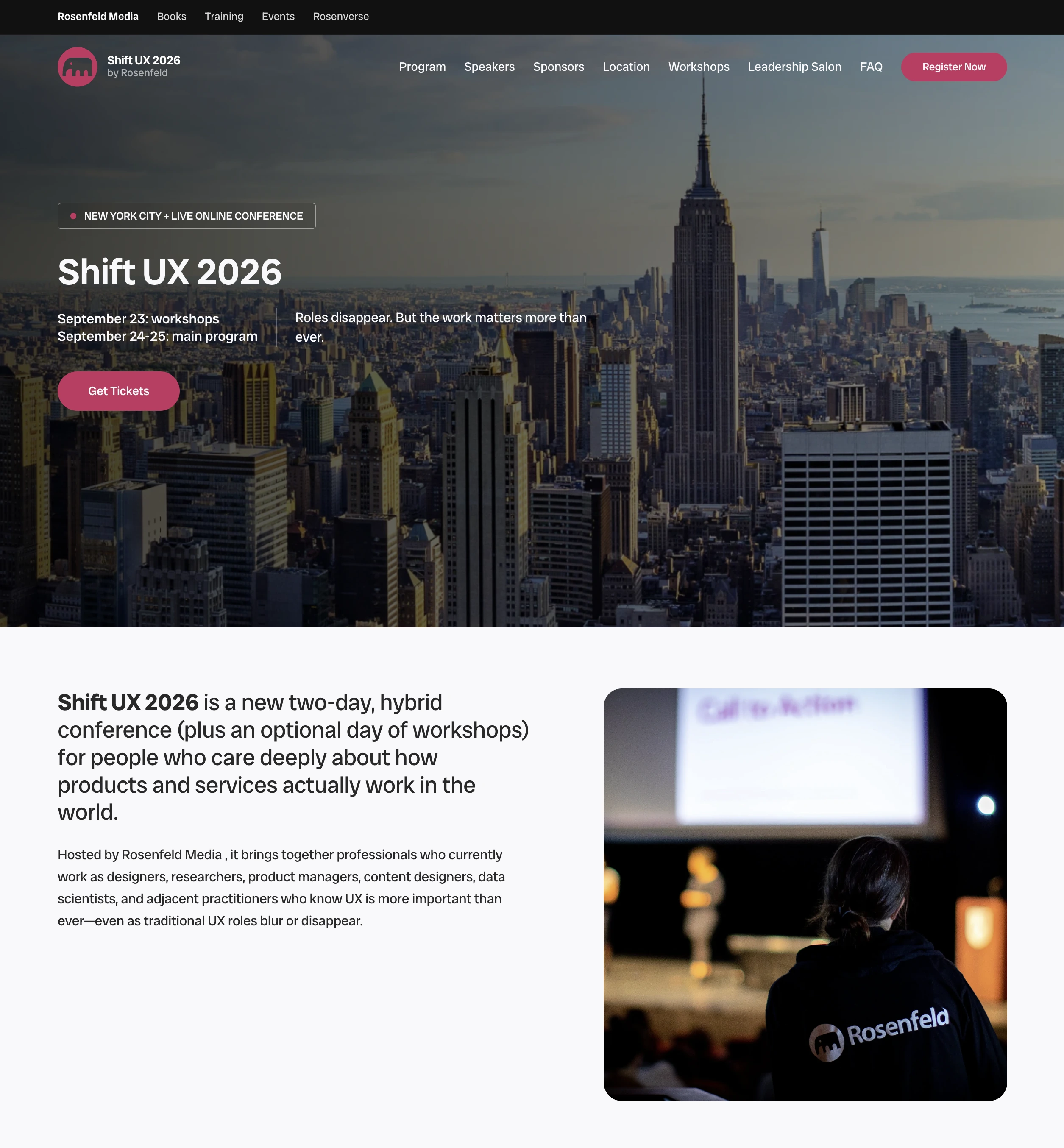 Shift UX 2026 homepage with conference dates and a Get Tickets button over the New York City skyline, followed by the conference introduction and a Rosenfeld attendee photo