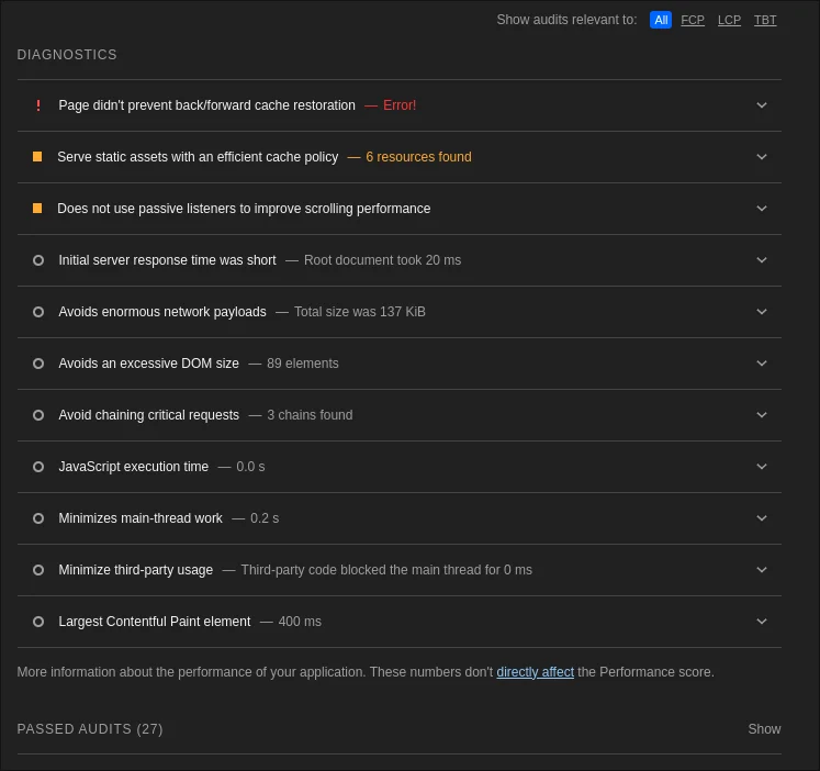 Lighthouse desktop diagnostics for Drupal CMS: back/forward cache restoration error, efficient cache policy on six resources, passive listeners, root document 20 milliseconds, total network payload 137 KiB, 89 DOM elements, JavaScript execution 0.0 seconds, largest contentful paint element 400 milliseconds