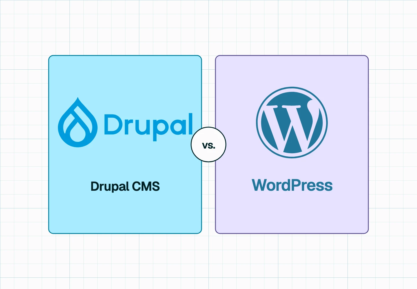 Drupal CMS versus WordPress: the Drupal logo on a Sky plate and the WordPress logo on a Lavender plate, with a vs. badge between them