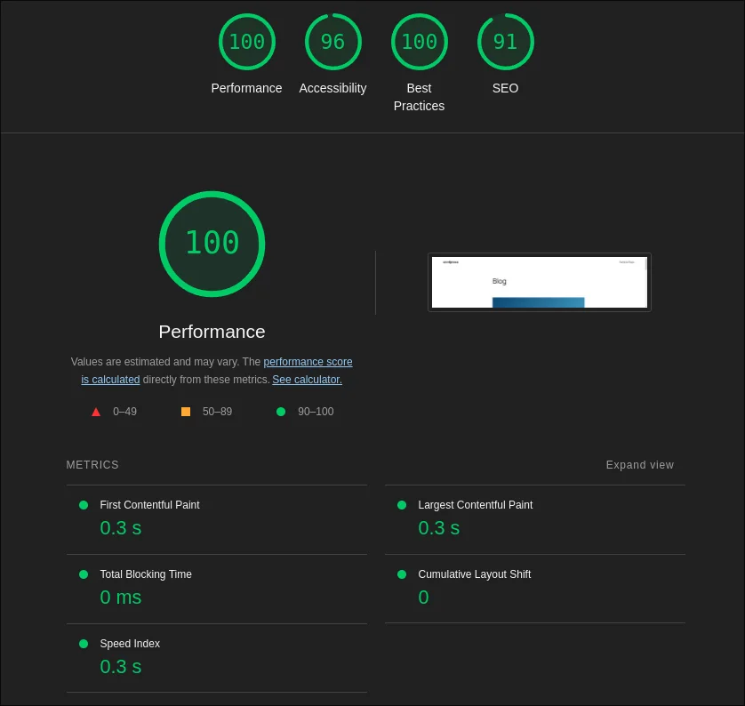 Lighthouse desktop results for WordPress: performance 100, accessibility 96, best practices 100, SEO 91; first contentful paint 0.3 seconds, largest contentful paint 0.3 seconds, total blocking time 0, cumulative layout shift 0, speed index 0.3 seconds