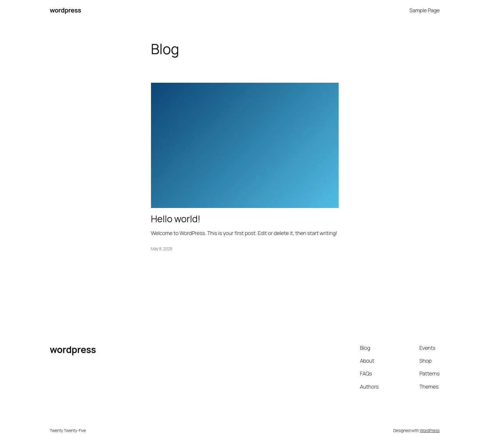 The stock WordPress homepage: the Blog heading, the test image, and the Hello world! sample post