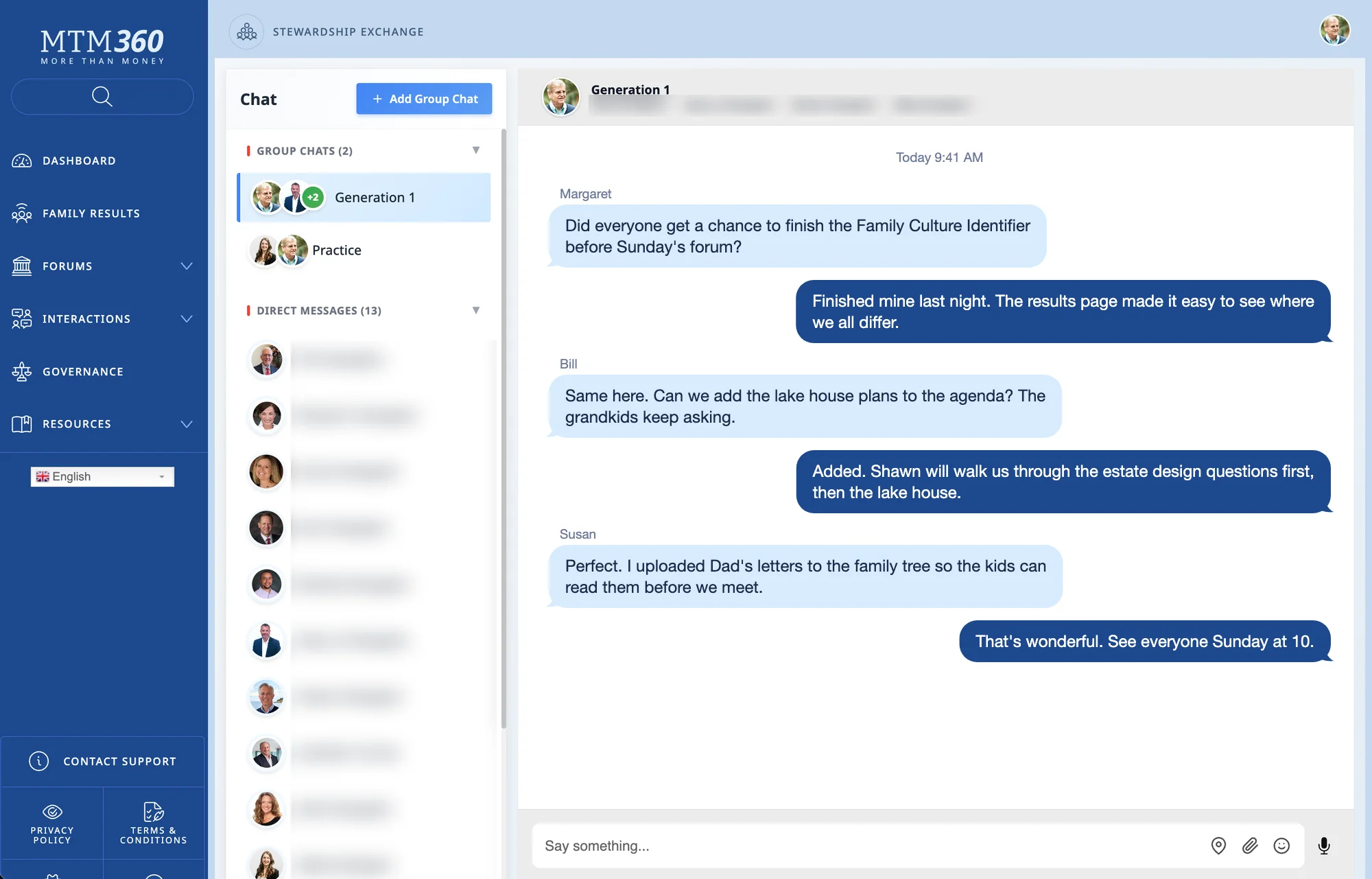 The Stewardship Exchange chat in MTM360: a sidebar listing two group chats, Generation 1 and Practice, and thirteen direct messages, beside a Generation 1 group conversation in which family members coordinate a Sunday family forum, the Family Culture Identifier, the lake house plans, and letters uploaded to the family tree; names are blurred and the conversation is sample content