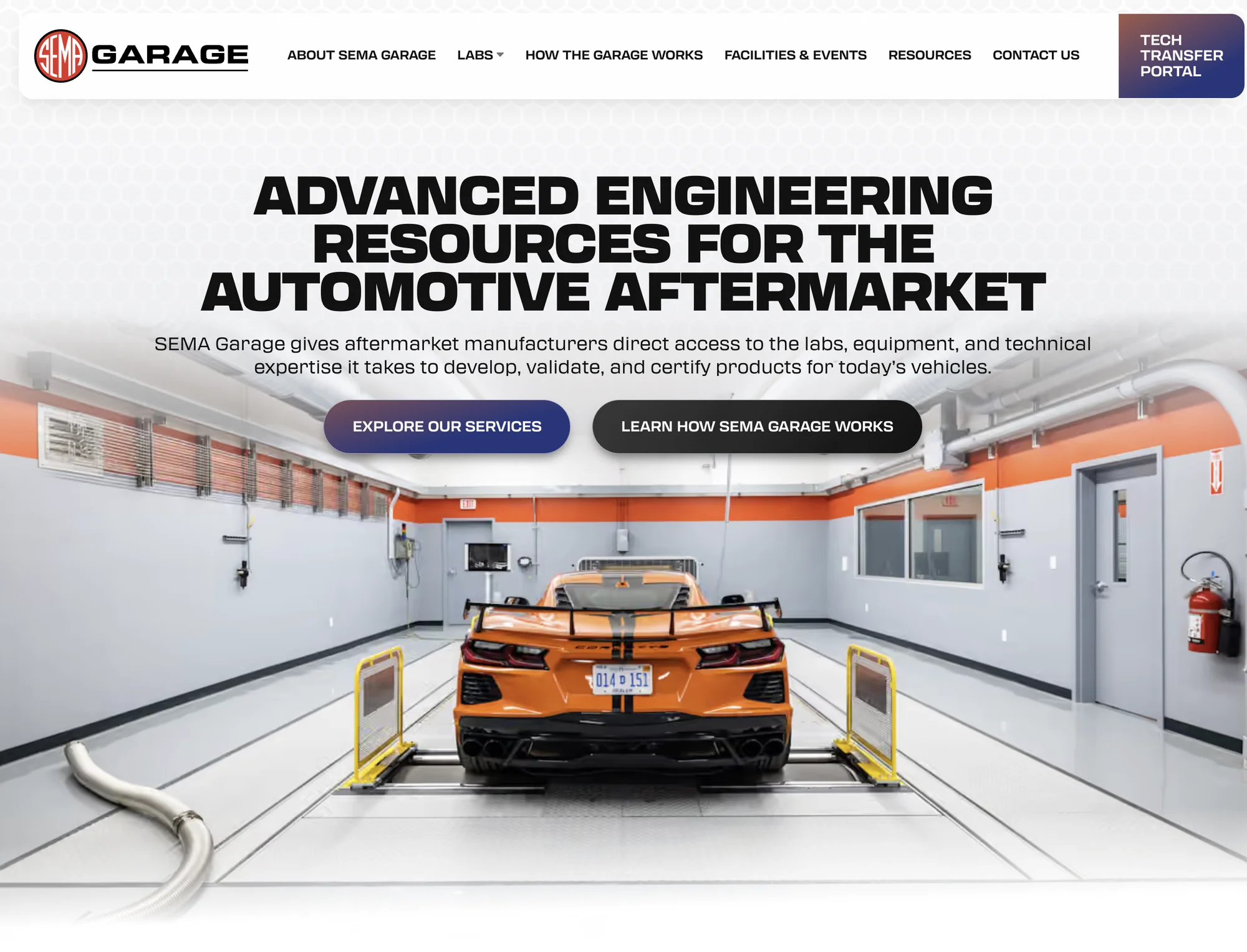 The redesigned SEMA Garage homepage: a SEMA Garage logo and navigation with a Tech Transfer Portal button, the headline Advanced engineering resources for the automotive aftermarket, two calls to action, and a photograph of an orange Corvette on a dynamometer in the garage